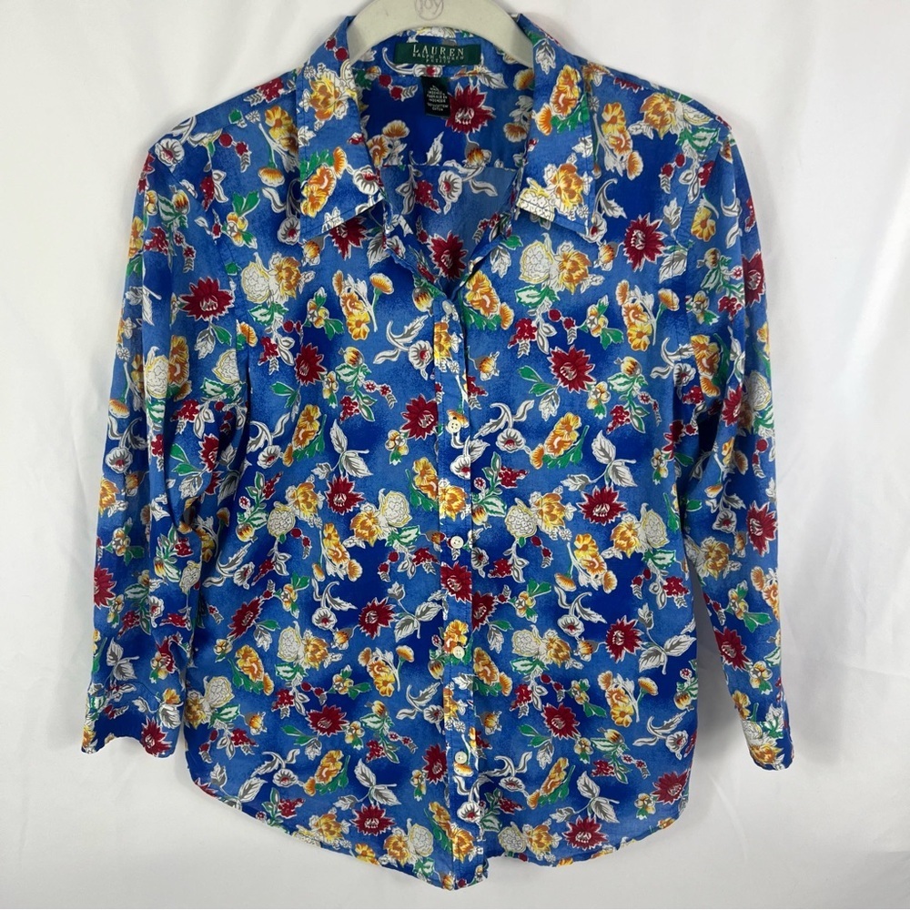 Ralph Lauren Blue Floral Hawaiian Button Down Shirt Blouse